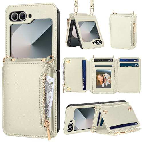 Kuafcase Handyhülle für Samsung Galaxy Z Flip 6 5G 2024 Hülle mit Band [6 Kartenfach][Ständer][Schlüsselanhänger] Handykette Wallet Leder Klapphülle Umhängetasche Handytasche für z flip 6, Antik weiß von Kuafcase