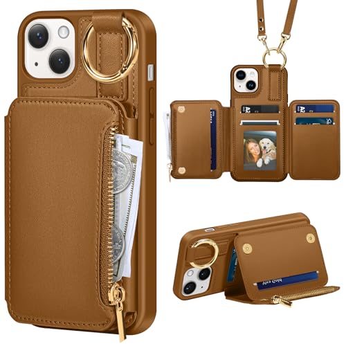 Kuafcase Handyhülle für iPhone 14 / iPhone 13 Hülle mit Band [6 Kartenfach][Ständer][Schlüsselanhänger] Handykette Wallet Leder Klapphülle Umhängetasche Handytasche für iPhone 14/13 Case, Braun von Kuafcase