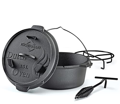 Küchenprofi BBQ Dutch Oven Gusseisen, 3,5L, Ø 24 cm, ohne Füße, fertig eingebrannter, gusseiserner Topf mit Deckelheber, für den Grill, Feuerstellen, alle Herdarten (inkl. Induktion) und Backofen, schwarz von Küchenprofi