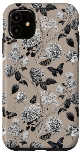 Hülle für iPhone 11 Vintage Schwarz-Weiß-Blumen auf Beigebraun von Künstlerisch eleganter Botanischer Garten