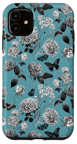 Hülle für iPhone 11 Vintage Schwarz-Weiß-Blumen auf Türkis-Aquamarin von Künstlerisch eleganter Botanischer Garten