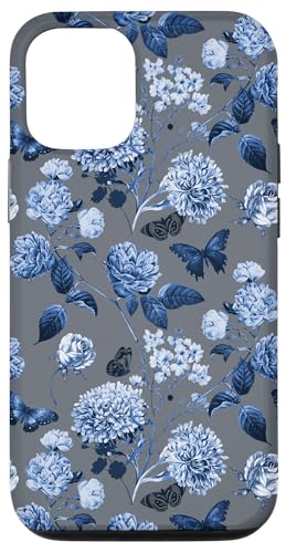 Hülle für iPhone 14 Pro Vintage marineblaue Blumen auf Schiefergrau von Künstlerisch eleganter Botanischer Garten