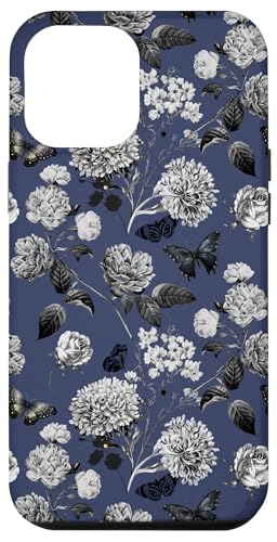 Hülle für iPhone 15 Plus Vintage Schwarz-Weiß-Blumen auf Dunkelblau von Künstlerisch eleganter Botanischer Garten