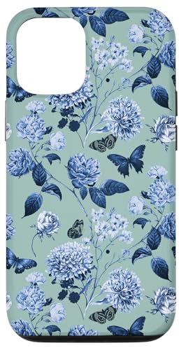 Hülle für iPhone 15 Vintage marineblaue Blumen auf Retro-Mintgrün von Künstlerisch eleganter Botanischer Garten