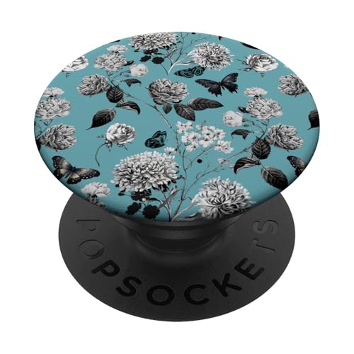 Vintage Schwarz-Weiß-Blumen auf Türkis-Aquamarin PopSockets mit austauschbarem PopGrip von Künstlerisch eleganter Botanischer Garten