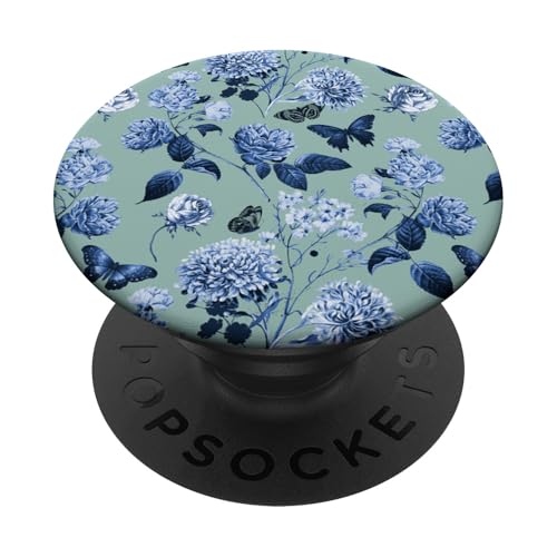 Vintage marineblaue Blumen auf Retro-Mintgrün PopSockets mit austauschbarem PopGrip von Künstlerisch eleganter Botanischer Garten