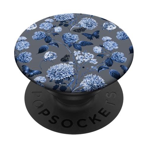 Vintage marineblaue Blumen auf Schiefergrau PopSockets mit austauschbarem PopGrip von Künstlerisch eleganter Botanischer Garten