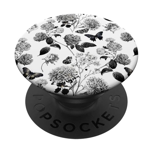 Vintager Pfingstrosen- und Schmetterlingsgarten in Schwarz PopSockets mit austauschbarem PopGrip von Künstlerisch eleganter Botanischer Garten