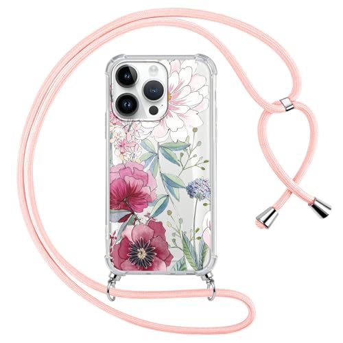 Handykette für iPhone 15 Pro Hülle mit Band Kette 6,1",Durchsichtige Aesthetic Muster Handyhülle mit Adjustable umhängeband,Weich Silicone TPU Stoßfest Schutzhülle Case Cover,Flor 3 von Kueqeay