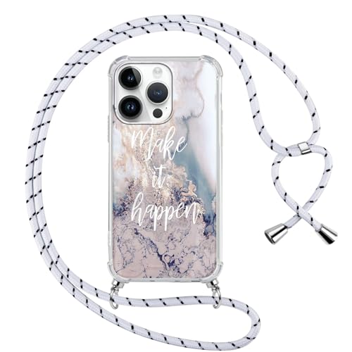 Handykette für iPhone 15 Pro Hülle mit Band Kette 6,1",Durchsichtige Aesthetic Muster Handyhülle mit Adjustable umhängeband,Weich Silicone TPU Stoßfest Schutzhülle Case Cover,Mármol 1 von Kueqeay