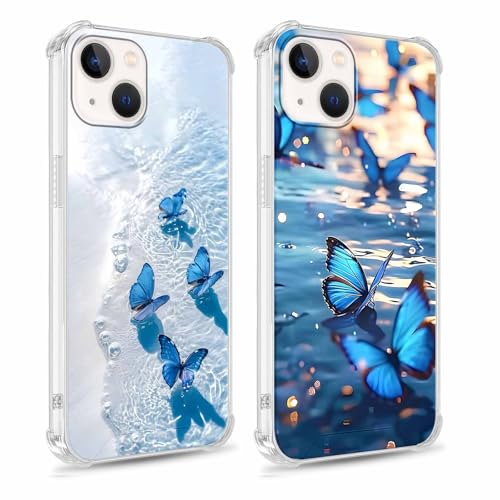 Kueqeay 2 Stück für iPhone 14/13 6,1'' Hülle, Aesthetic Schmetterling Muster Design Transparent Harte PC Rückseite Schutzhülle Prägung Muster Stoßfest Kratzfest Bumper Vollständiger Schutz Cover, 03 von Kueqeay