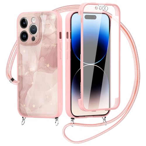 Kueqeay 360 Grad Hülle mit Band Kette für iPhone 15 Pro 6,1”, Durchsichtige Aesthetic Muster Fullbody Handyhülle mit Displayschutz Weich Silicone TPU Case Stoßfest Cover Schutzhülle, Marmor 1 von Kueqeay