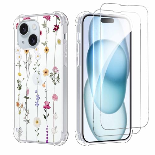 Kueqeay Handyhülle für iPhone 15 6,1", Hülle mit 2 Stück Schutzfolie Hard PC Nie Vergilbung Case Aesthetic Muster Design Transparent Militärschutz Kratzfest Fallschutz Schutzhülle, Blumen 2 von Kueqeay