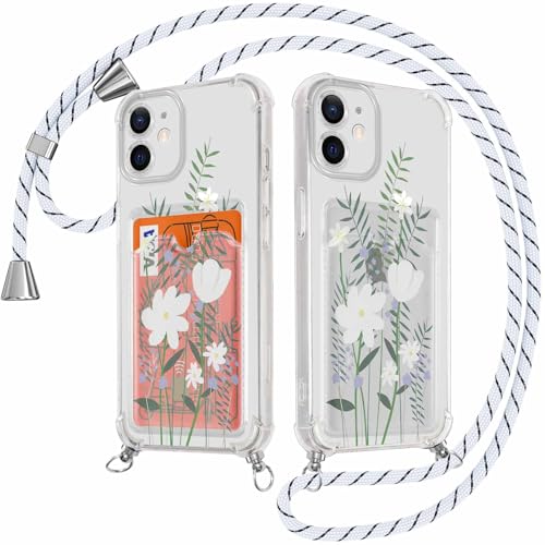 Kueqeay Handykette Handyhülle für iPhone 12 6,1" Hülle mit Kartenhalter, Durchsichtige Aesthetic Blume Muster Kartenfach Case mit Band Kette Silicone Stoßfest Schutzhülle Cover, 06 von Kueqeay