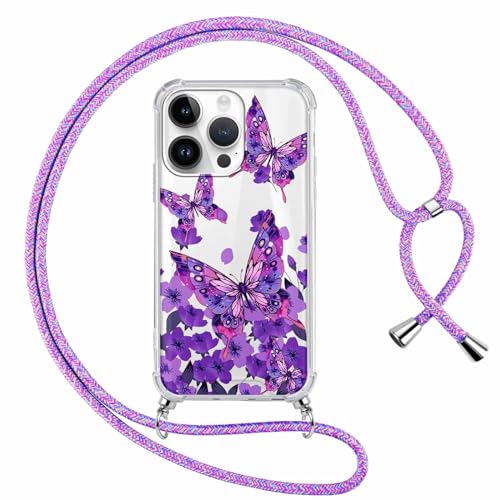 Kueqeay Handykette Handyhülle für iPhone 15 Pro Max Hülle mit Band Kette 6,7", Durchsichtige Aesthetic Muster Case mit Umhängeband Weich Silicone TPU Stoßfest Schutzhülle Cover, Blume 15 von Kueqeay