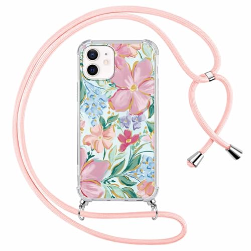 Kueqeay Handykette für iPhone 12 / iPhone 12 Pro Hülle mit Band 6,1", Durchsichtige Aesthetic Muster Handyhülle mit Adjustable Kette Weich Silicone TPU Stoßfest Schutzhülle Case Cover, Blume 7 von Kueqeay