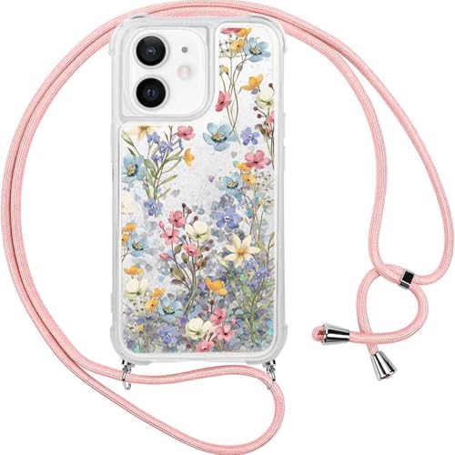 Kueqeay Handykette für iPhone 12 Pro/ 12 Hülle 6,1'', Aesthetic Muster Design Blume Schutzhülle Silber Quicksand Glitzer Transparent Silikon Necklace Handyhülle für zum Umhängen Ultra Stoßfest, 02 von Kueqeay