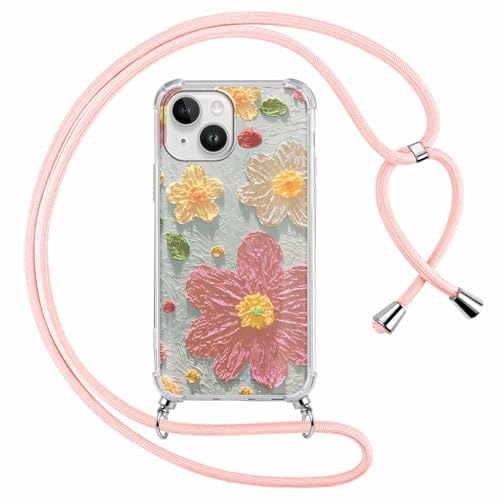 Kueqeay Handykette für iPhone 13 / iPhone 14 Hülle mit Band 6,1", Durchsichtige Aesthetic Muster Handyhülle mit Adjustable Kette Weich Silicone TPU Stoßfest Schutzhülle Case Cover, Blume 4 von Kueqeay