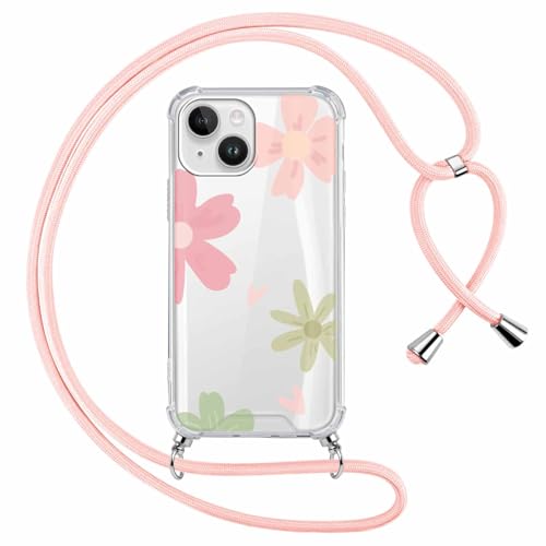 Kueqeay Handykette Handyhülle für iPhone 13 / iPhone 14 Hülle mit Band 6,1", Durchsichtige Aesthetic Muster Case mit Kette Weich Silicone TPU Stoßfest Schutzhülle Cover, Blume 8 von Kueqeay