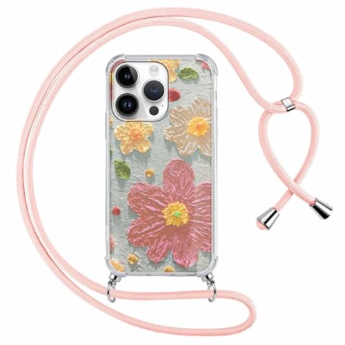 Kueqeay Handykette für iPhone 15 Pro Hülle mit Band Kette 6,1", Durchsichtige Aesthetic Muster Handyhülle mit Adjustable umhängeband Weich Silicone TPU Stoßfest Schutzhülle Case Cover, Blume 4 von Kueqeay