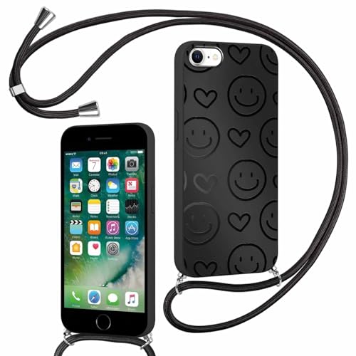 Kueqeay Handykette für iPhone 7/8/iPhone SE 2022/2020 Hülle mit Band 6,1'', Aesthetic Muster Design Smiley-Gesicht Schutzhülle Silikon Mattiert Necklace Handyhülle für zum Umhängen Stoßfest, 16 von Kueqeay