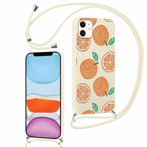 Kueqeay Handykette Handyhülle Matte für iPhone 12 / iPhone 12 Pro 6,1” Hülle mit Band Kette, Aesthetic Muster Schutzhülle Weich Silikon Dünn TPU Case Stoßfest Kratzfest Bumper Cover, Orange von Kueqeay