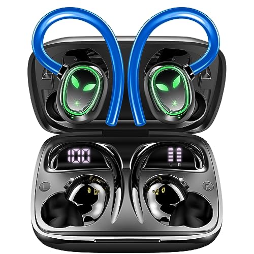 Bluetooth 5.3 Kopfhörer Sport, Kopfhörer Kabellos In Ear Stereo mit HD Mic, Tiefer Bass Noise Cancelling Ohrhörer, 50 Std Spielzeit mit Ladekoffer, IP7 Wasserdichtes Lauf Kopfhörer mit Ohrhaken, Blau von Kuizil