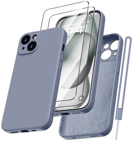 Kukiwhy für iPhone 15 Hülle Silikon mit 2 Stück Panzerfolie, Hanyhülle für iPhone 15 5G Dünn Slim mit Microfiber, Kratzfeste stoßfeste Rundumschutz Schutzhülle für iPhone 15 Case 6.1''-Blau Grau von Kukiwhy