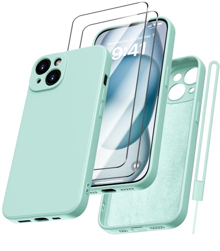 Kukiwhy für iPhone 15 Hülle Silikon mit 2 Stück Panzerfolie, Hanyhülle für iPhone 15 5G Dünn Slim mit Microfiber, Kratzfeste stoßfeste Rundumschutz Schutzhülle für iPhone 15 Case 6.1'' Mintgrün von Kukiwhy