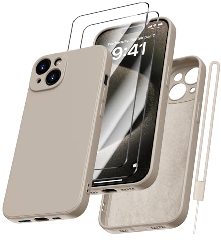 Kukiwhy für iPhone 15 Hülle Silikon mit 2 Stück Panzerfolie, Hanyhülle für iPhone 15 5G Dünn Slim mit Microfiber, Kratzfeste Rundumschutz Schutzhülle für iPhone 15 Case 6.1'' Titanium Grau von Kukiwhy