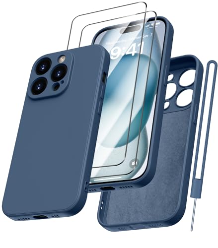 Kukiwhy Kompatibel mit für iPhone 15 Pro Max Hülle Silikon mit 2 Stück Panzerfolie, Hanyhülle Dünne Rundumschutz Weichem Case Microfiber Kratzfeste Schutzhülle für iPhone 15 Pro Max 6.7'' Dunkel Blau von Kukiwhy