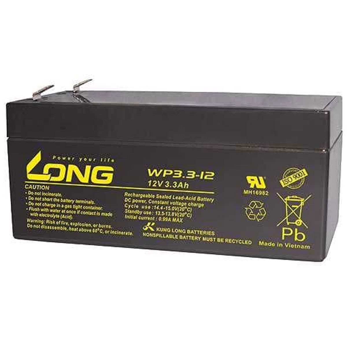 WP3.3-12 Kung Long Blei Akku mit 12 Volt und 3300mAh Kapazität, Faston 4,8mm Kontakte von Kung Long