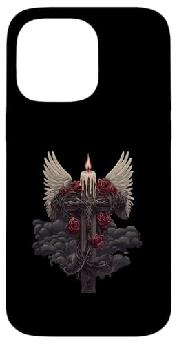 Hülle für iPhone 14 Pro Max Kreuz mit Flügeln und roten Rosen - Gothic von Kunstvolle Gothic Designs