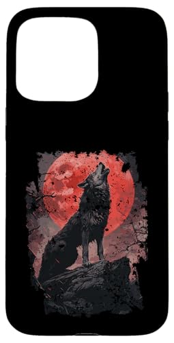 Hülle für iPhone 15 Pro Max Heulender schwarzer Wolf vor Blutmond von Kunstvolle Gothic Designs