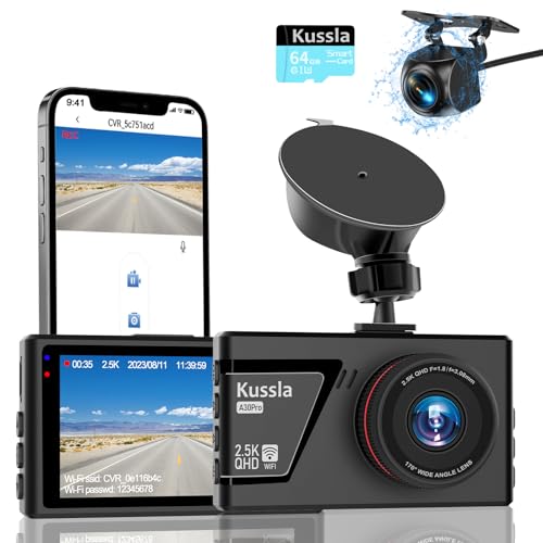 Dashcam Auto Vorne Hinten, Autokamera WiFi/APP Control Dual Dash Cam mit 64GB SD Karte, 2.5K Dashcam Auto Vorne 1080P Hinten Dash Camera Auto mit Super Night Vision, Loop Recording, G-Sensor von Kussla
