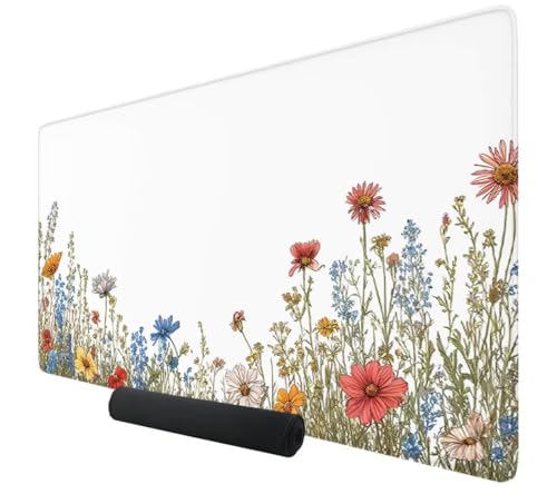 Gaming Mauspad XXL Weiß Mousepad 900x400x3mm,Wasserdicht rutschfeste Mousepad Blume,Mauspad Gaming Verbessert Präzision und Geschwindigke,Großer Erweiterter Schreibtischunterlage für Büro Gamer K-24 von Kzzggyym