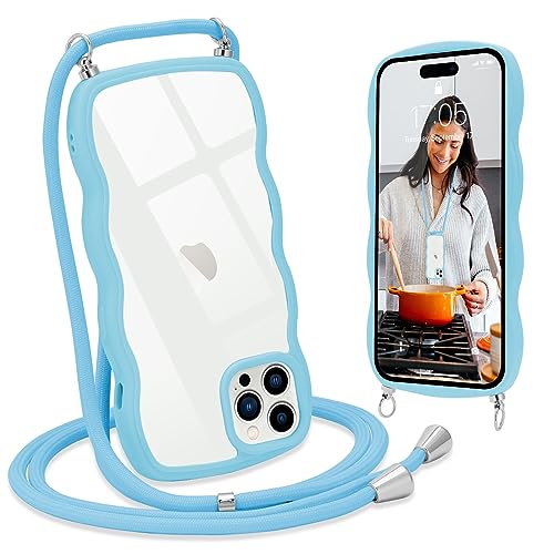 L-FADNUT Handykette für iPhone 15 Pro Max Hülle mit Band, Silikon Wellen Rahmenform Handyhülle mit Kordel zum Umhängen, Transparent Schutzhülle Case für iPhone 15 Pro Max, Blau von L-FADNUT