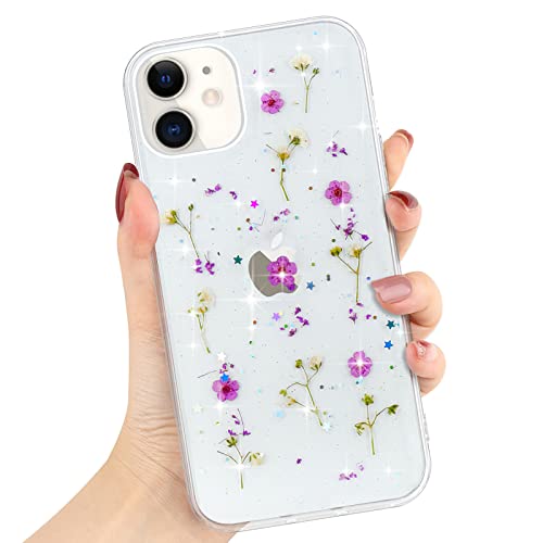 L-FADNUT Kompatibel mit iPhone 11 Hülle Getrocknete Blumen Transparent Glitzer Handyhülle Frauen Mädchen Floral Schutzhülle Weich Silikon Bumper Case für iPhone 11, Lila von L-FADNUT