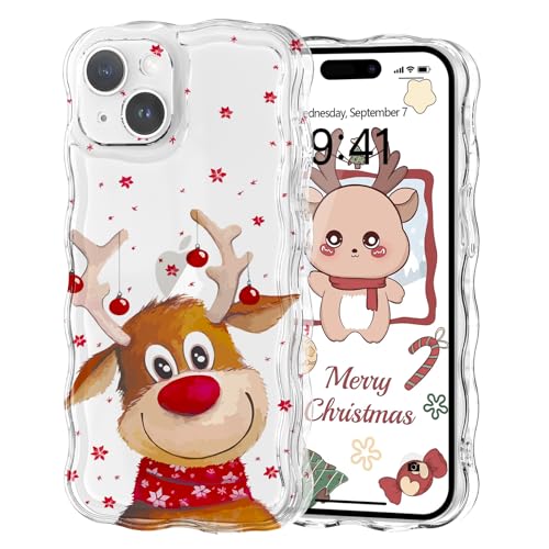 L-FADNUT Kompatibel mit iPhone 15 Hülle Weihnachten Wellen Lockige Transparent Handyhülle Ultra Dünn süß Durchsichtig Schutzhülle TPU Silicon Bumper Case für iPhone 15, Roter Elch von L-FADNUT