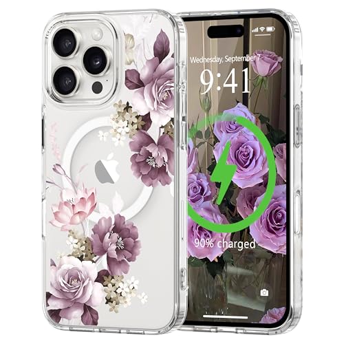 L-FADNUT Magnetisch Handyhülle für iPhone 16 Pro Hülle Kompatibel mit MagSafe, Transparent Blumen Muster Schutzhülle Hart PC Rückseite Dünne Stoßfest Kratzfestes Case für iPhone 16 Pro, Lila von L-FADNUT