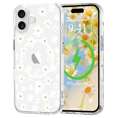 L-FADNUT Magnetisch Handyhülle für iPhone 16 Plus Hülle Kompatibel mit MagSafe, Transparent Blumen Muster Schutzhülle Hart PC Rückseite Dünne Stoßfest Kratzfestes Case für iPhone 16 Plus, Weiß von L-FADNUT