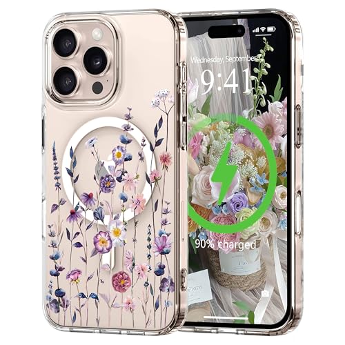 L-FADNUT Magnetisch Handyhülle für iPhone 16 Pro Hülle Kompatibel mit MagSafe, Transparent Blumen Muster Schutzhülle Hart PC Rückseite Dünne Stoßfest Kratzfestes Case für iPhone 16 Pro, Bunt von L-FADNUT