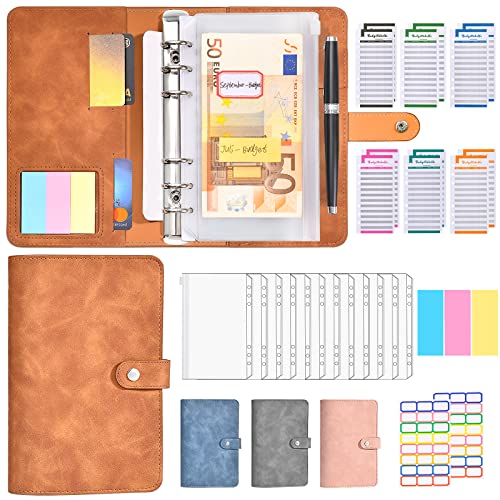 Budget Planner Deutsch - A6 PU Leder Binder Geld Organizer Sparen - Finanzplaner Cash Stuffing Haushaltsbuch mit Geldfacher - Budgetplaner Sparbuch mit Folien für Sinking Funds, Braun von L LONGANCHANG