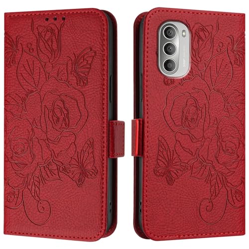 Handy-Klapphülle Kompatibel mit Motorola Moto G51 5G Hülle, Brieftaschen-Hülle, schlankes PU-Leder-Handy-Flip-Folio-Gehäuse, stoßfeste Schutzhülle mit Kartenhaltern + Handschlaufe Hüllenabdeckung(Red) von LAHDFKAJ