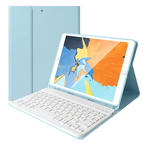 LAMA Kabellose Tastatur Hülle Kompatibel mit 10.2" iPad 9th 2021, iPad 2020 (8th Gen)/iPad 2019 (7th Gen), 10.5" iPad Air 2019 (3th Gen)/iPad Pro 2017 mit Stifthalter QWERTZ, Himmelblau von LAMA