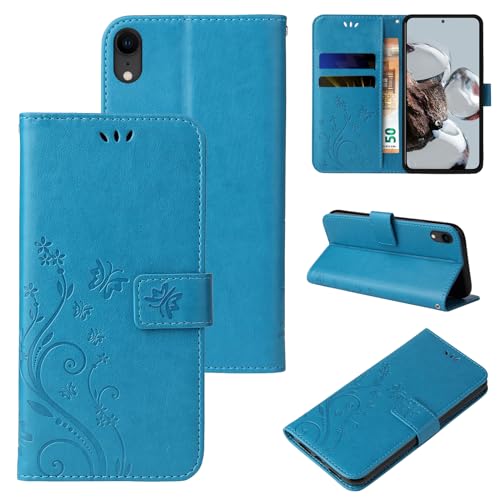 LBH Handy Hülle für Apple iPhone XR Case Handytasche Schmetterling Blumen Flower Standfunktion Schutzhülle Magnet Rundum Schutz 360 Grad Flipcase Cover Blau von LBH