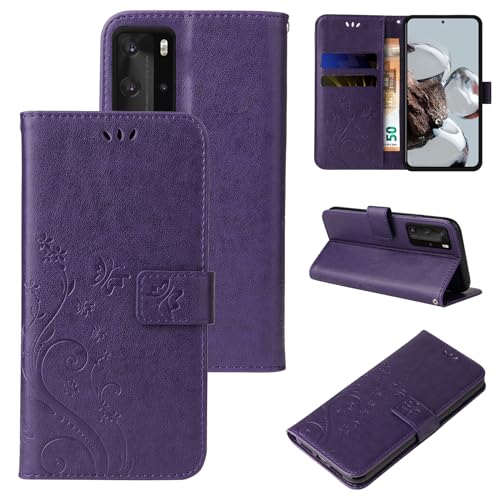 LBH Handy Hülle für Huawei P40 Pro Case Handytasche Schmetterling Blumen Flower Standfunktion Schutzhülle Magnet Rundum Schutz 360 Grad Flipcase Cover Violett von LBH