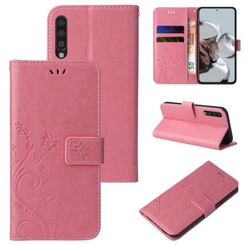 LBH Handy Hülle für Samsung Galaxy A70 Case Handytasche Schmetterling Blumen Flower Standfunktion Schutzhülle Magnet Rundum Schutz 360 Grad Flipcase Cover Rosegold von LBH