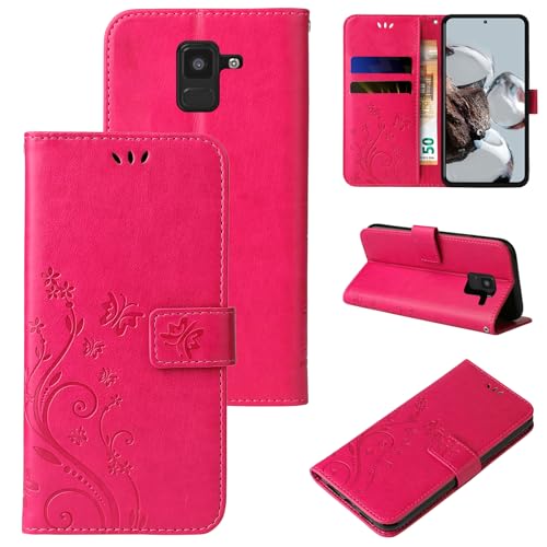 LBH Handy Hülle für Samsung Galaxy A8 (2018) Case Handytasche Schmetterling Blumen Flower Standfunktion Schutzhülle Magnet Rundum Schutz 360 Grad Flipcase Cover Pink von LBH