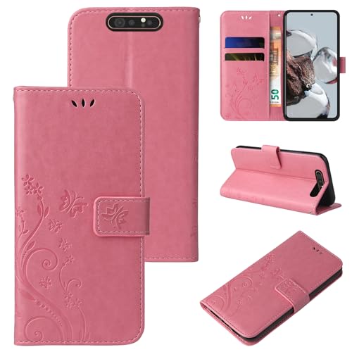 LBH Handy Hülle für Samsung Galaxy A80 Case Handytasche Schmetterling Blumen Flower Standfunktion Schutzhülle Magnet Rundum Schutz 360 Grad Flipcase Cover Rosegold von LBH